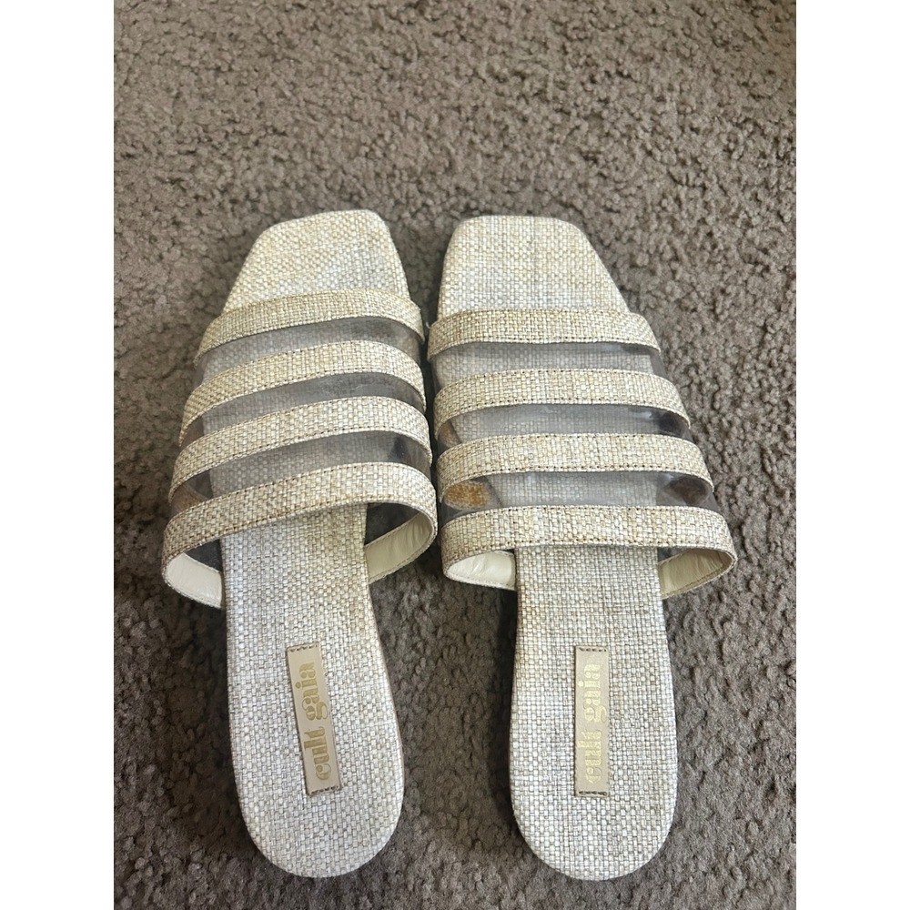 Cult Gaia Sarelle Raffia Clear Vinyl Square Toe Sandals Neutral Size 38.5